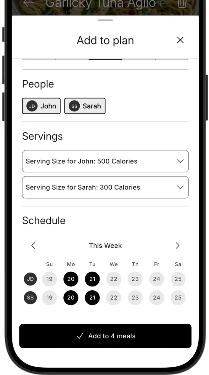 Add-to-plan sheet scheduling a recipe with individual servings for two people