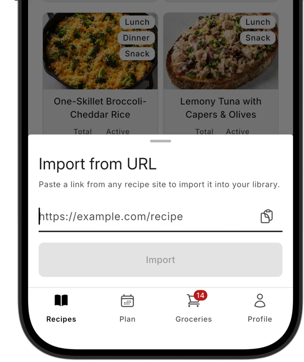 Plenish mobile app importing a recipe into the library from a pasted URL
