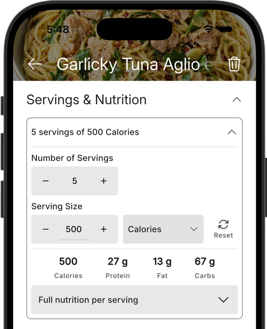 Servings and nutrition controls scaling a recipe to 500 calories per serving