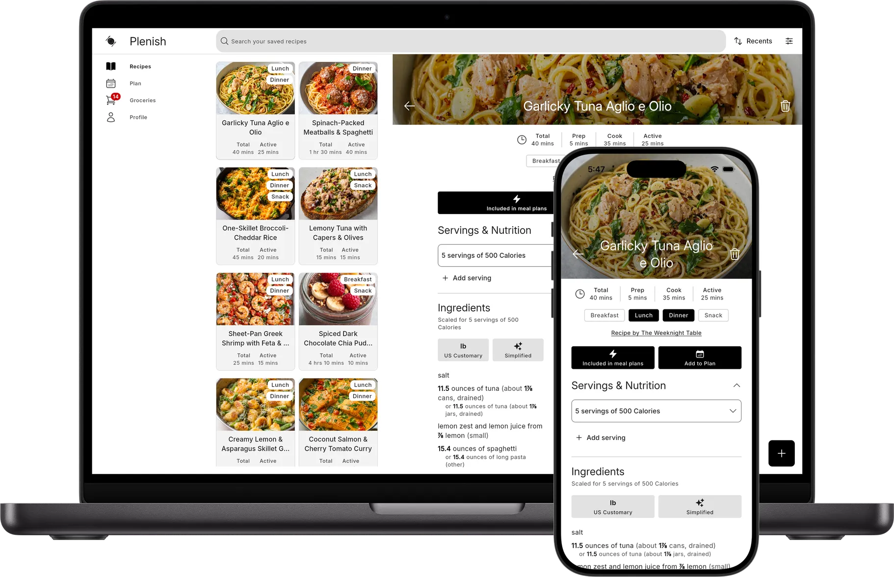 Plenish on desktop and mobile showing a recipe library and a recipe's servings and nutrition